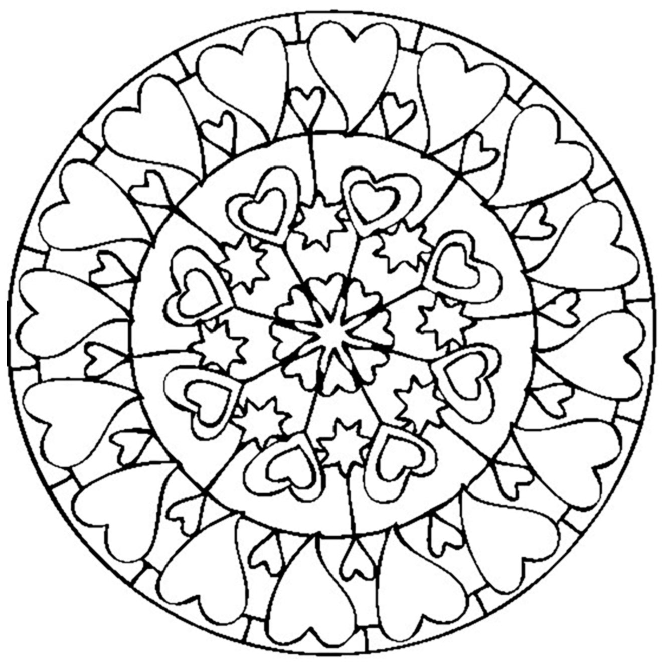 Mandala coloring page with hearts