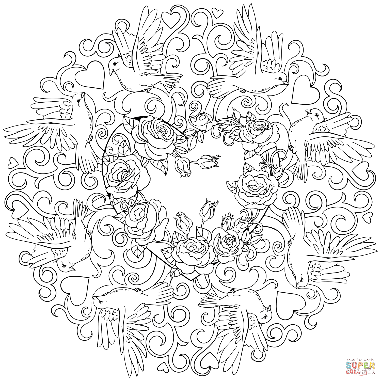 St valentine mandala with roses and doves coloring page free printable coloring pages