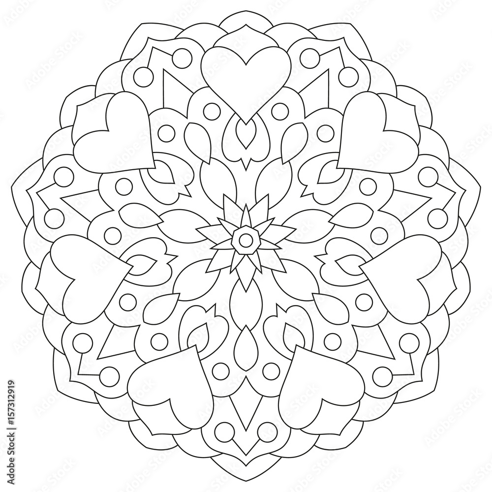 Flower mandala with hearts coloring page for valentines day vector