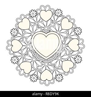 Heart mandala coloring page black and white love pattern for antistress coloring book stock vector image art