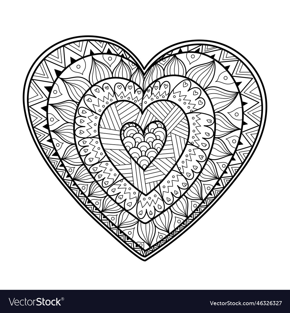 Heart mandala coloring page black and white love vector image