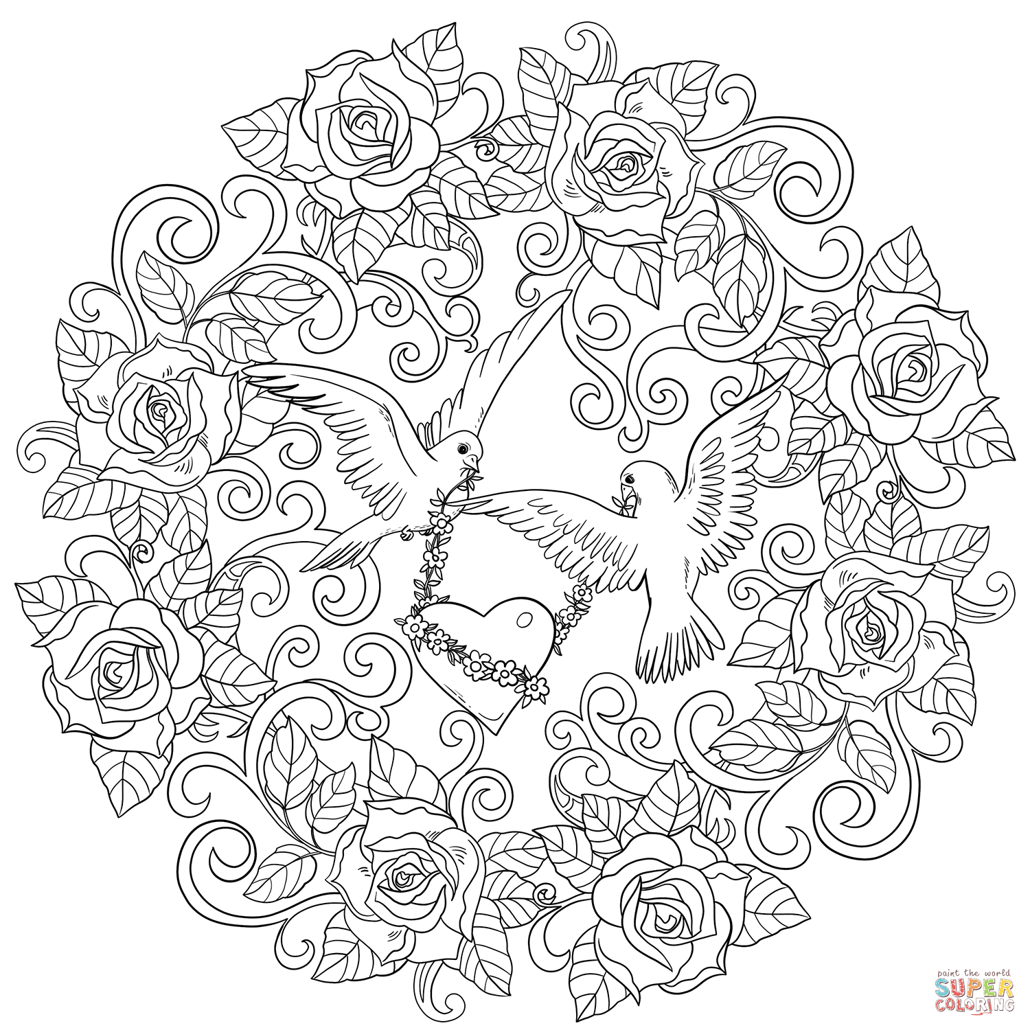 St valentine mandala with two doves and heart coloring page free printable coloring pages