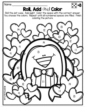 Valentines day math coloring worksheets addition roll solve and color