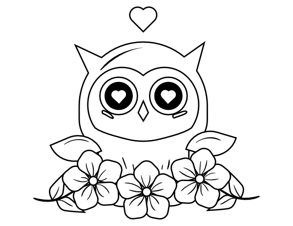 Printable valentine owl with flowers coloring page