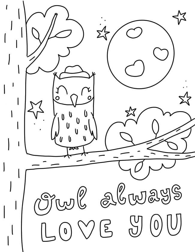 Owl always love you in valentine coloring page