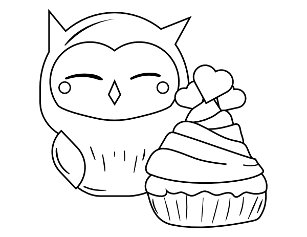 Printable owl with valentine cupcake coloring page