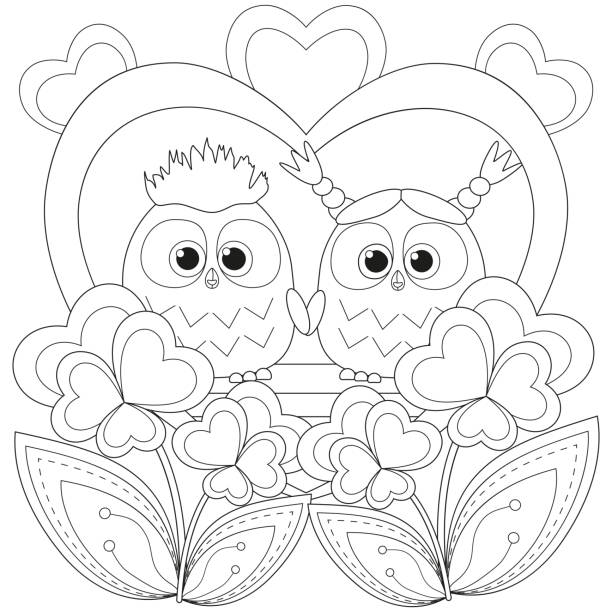 Valentine day black and white poster with an owl couple stock illustration