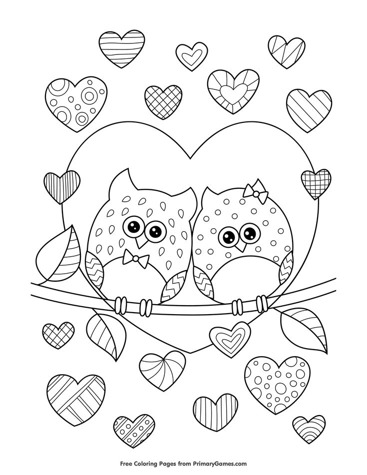 Owls in love with hearts coloring page â free printable ebook owl coloring pages printable valentines coloring pages heart coloring pages