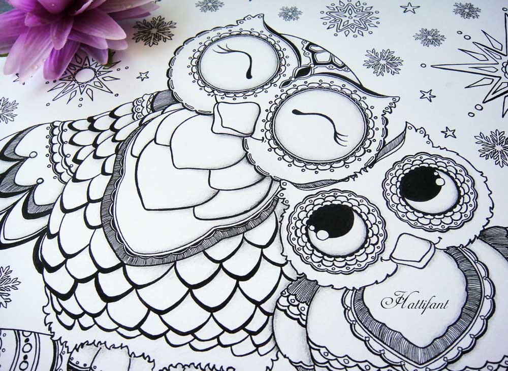 Mama and baby owl love coloring page