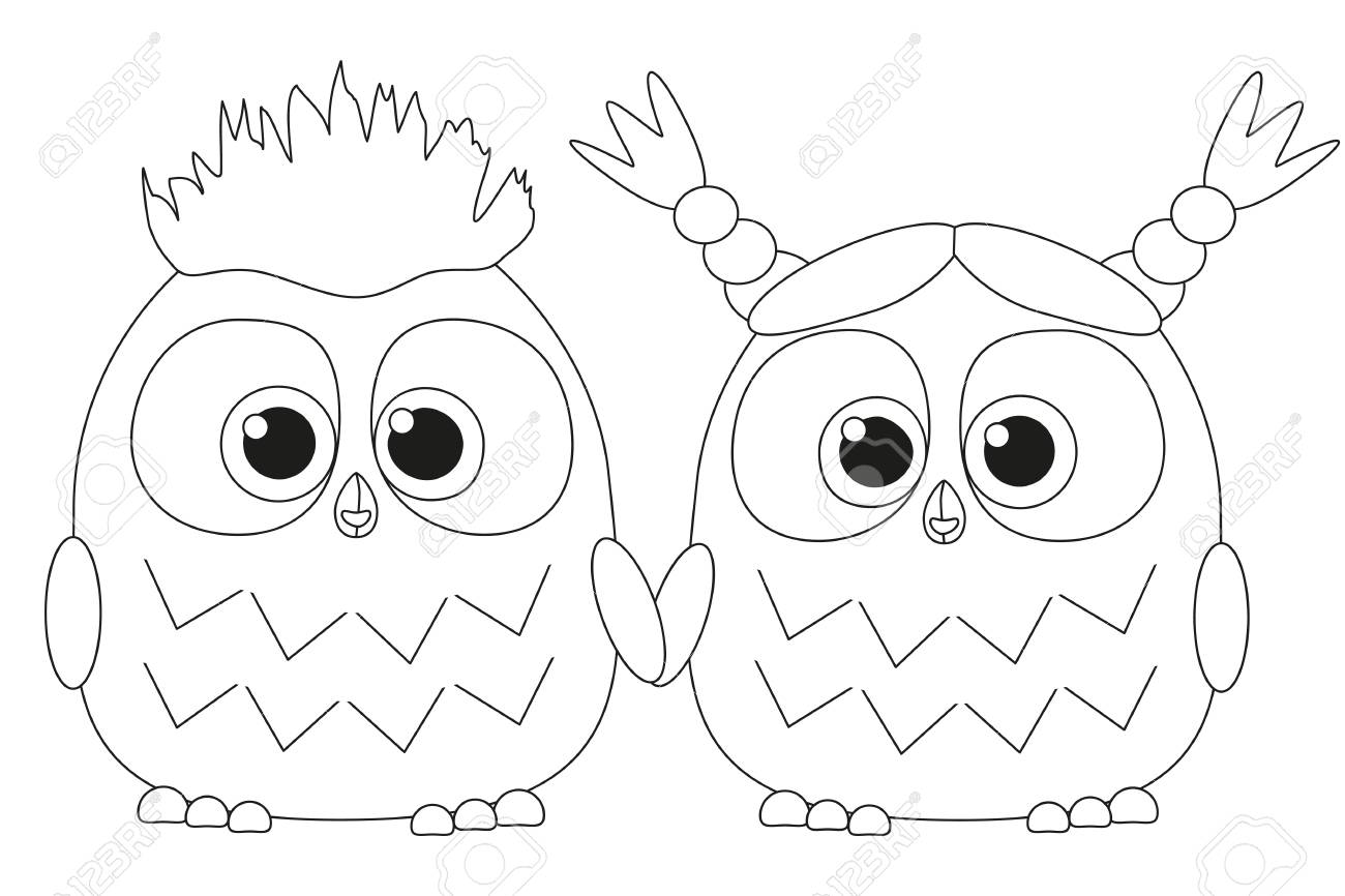 Black and white poster with an owl couple coloring book page for adults and kids valentine day romantic themed vector illustration for gift card flyer certificate or banner royalty free svg cliparts