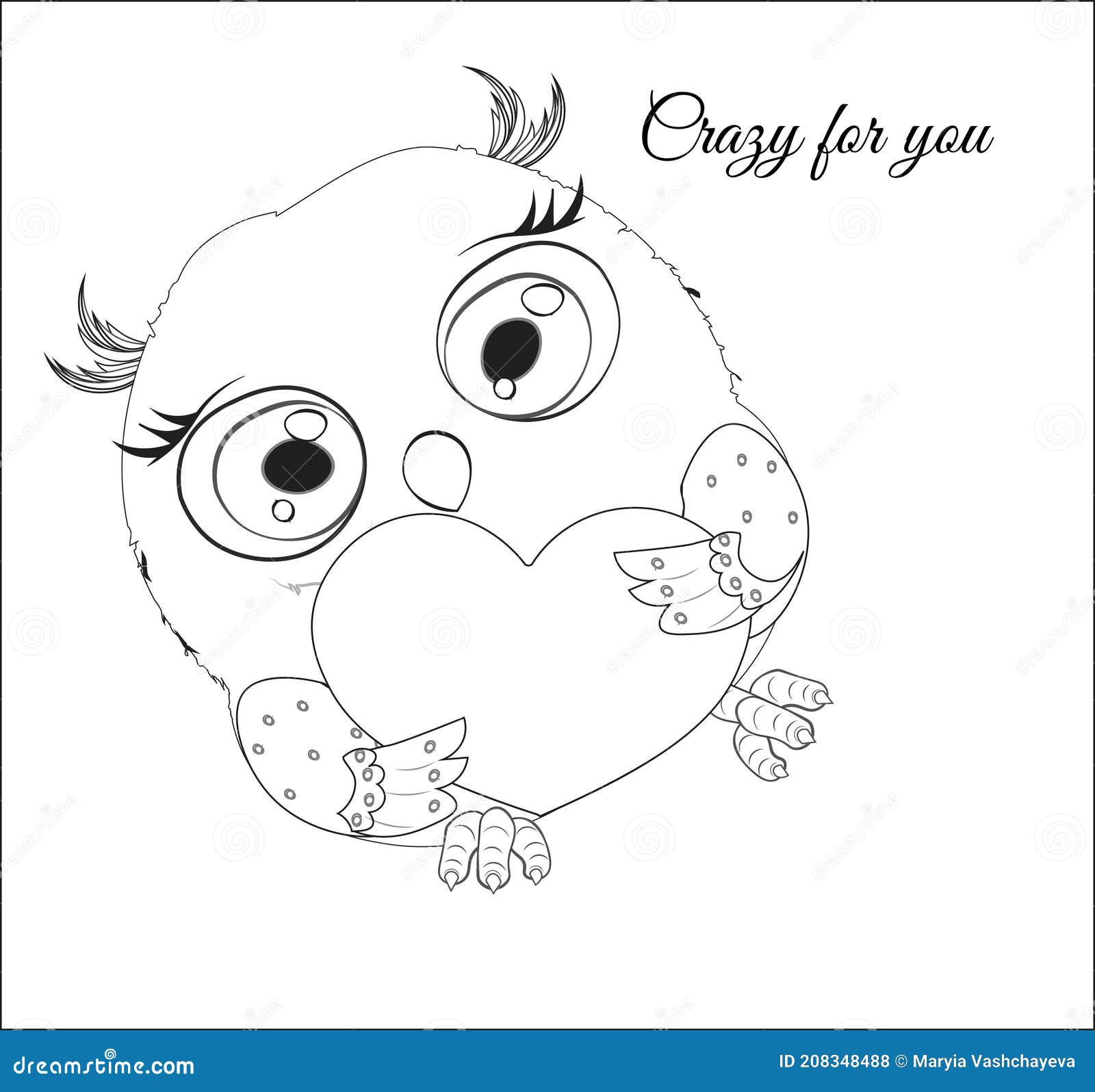 Owl with heart valentines day card crazy for you coloring book stock vector