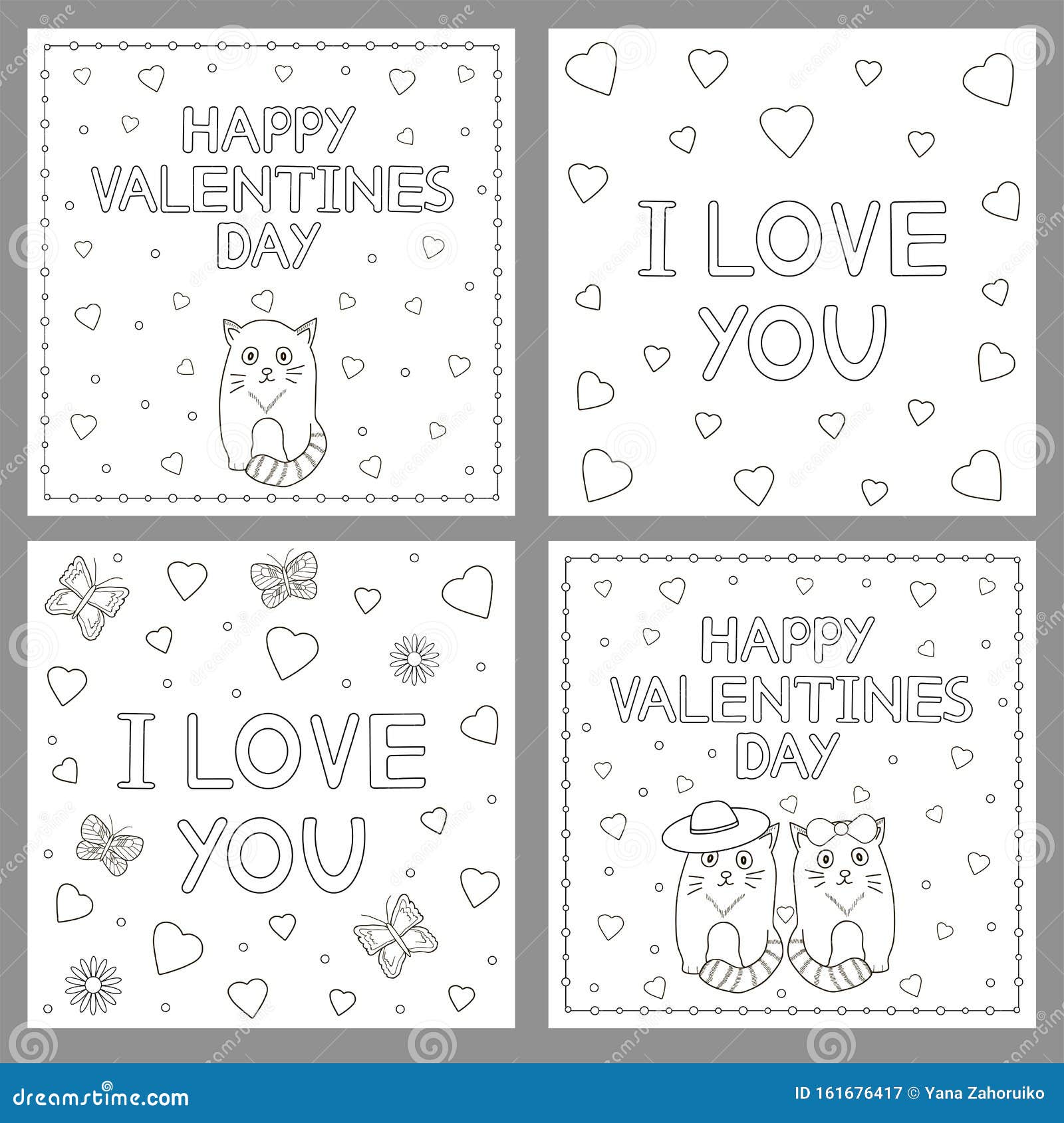 Happy valentine day cards set cats and hearts stock illustration