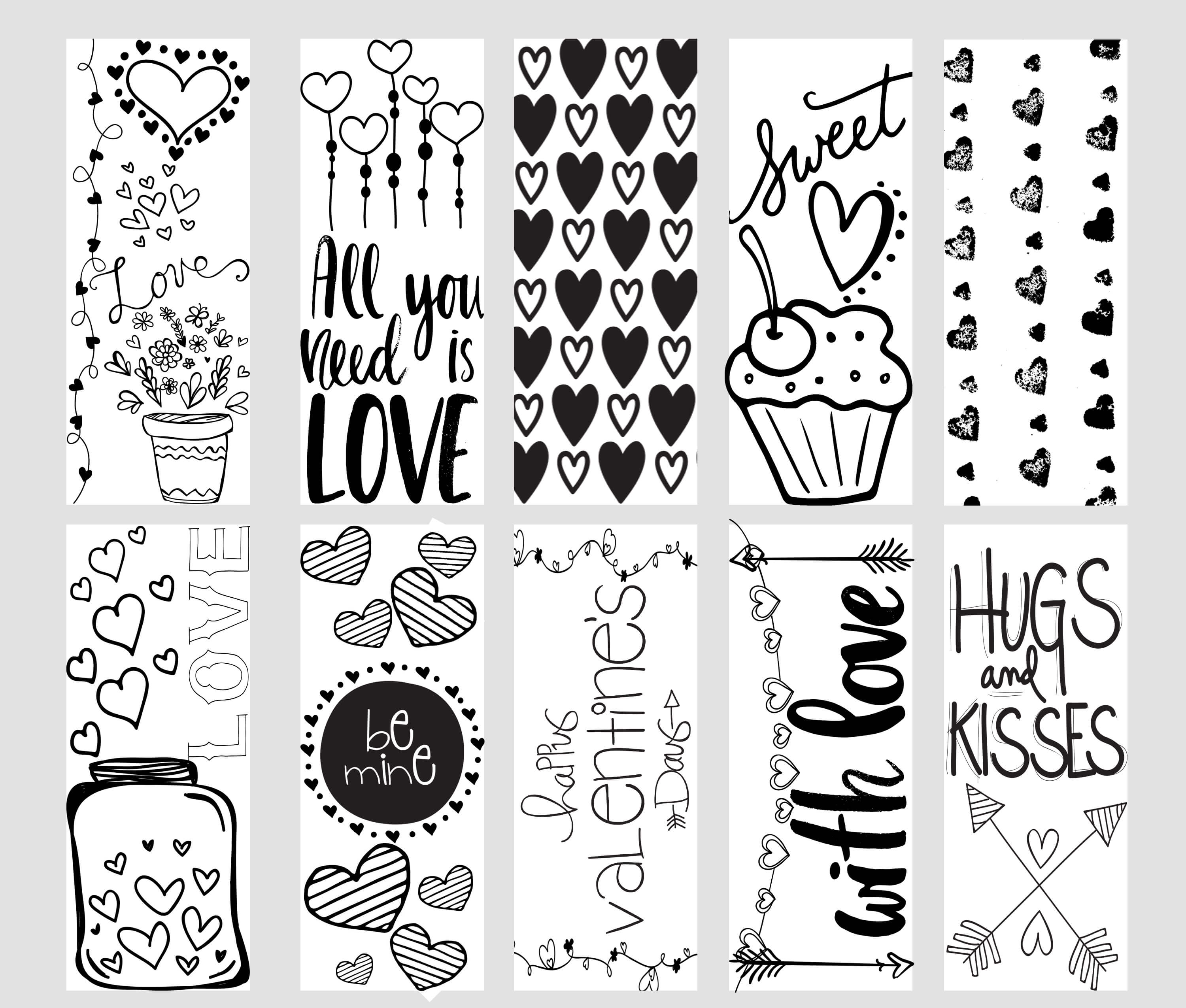 Valentine printable coloring page bookmarks