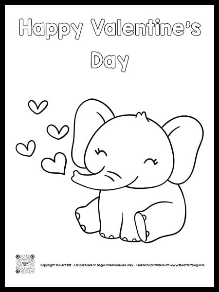 Happy valentines day elephant and hearts coloring page cursive font â the art kit