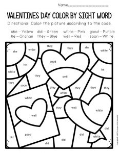 Color by sight word valentines day kindergarten worksheets