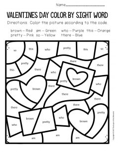 Color by sight word valentines day kindergarten worksheets