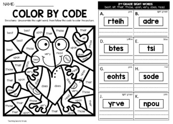 Valentines day color by sight word nd grade words unscramble word worksheets