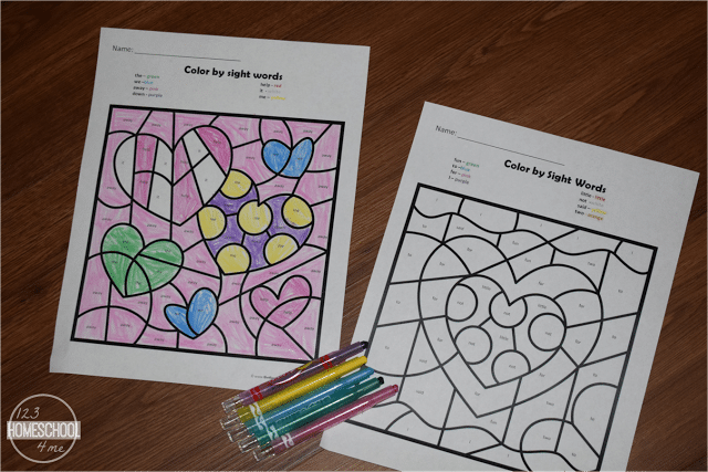 Free valentines day color by sight word worksheets