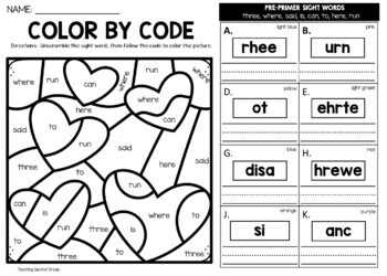 Valentines day color by sight word unscramble the word worksheets preprimer