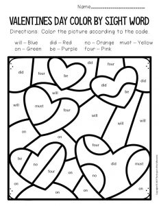 Color by sight word valentines day kindergarten worksheets