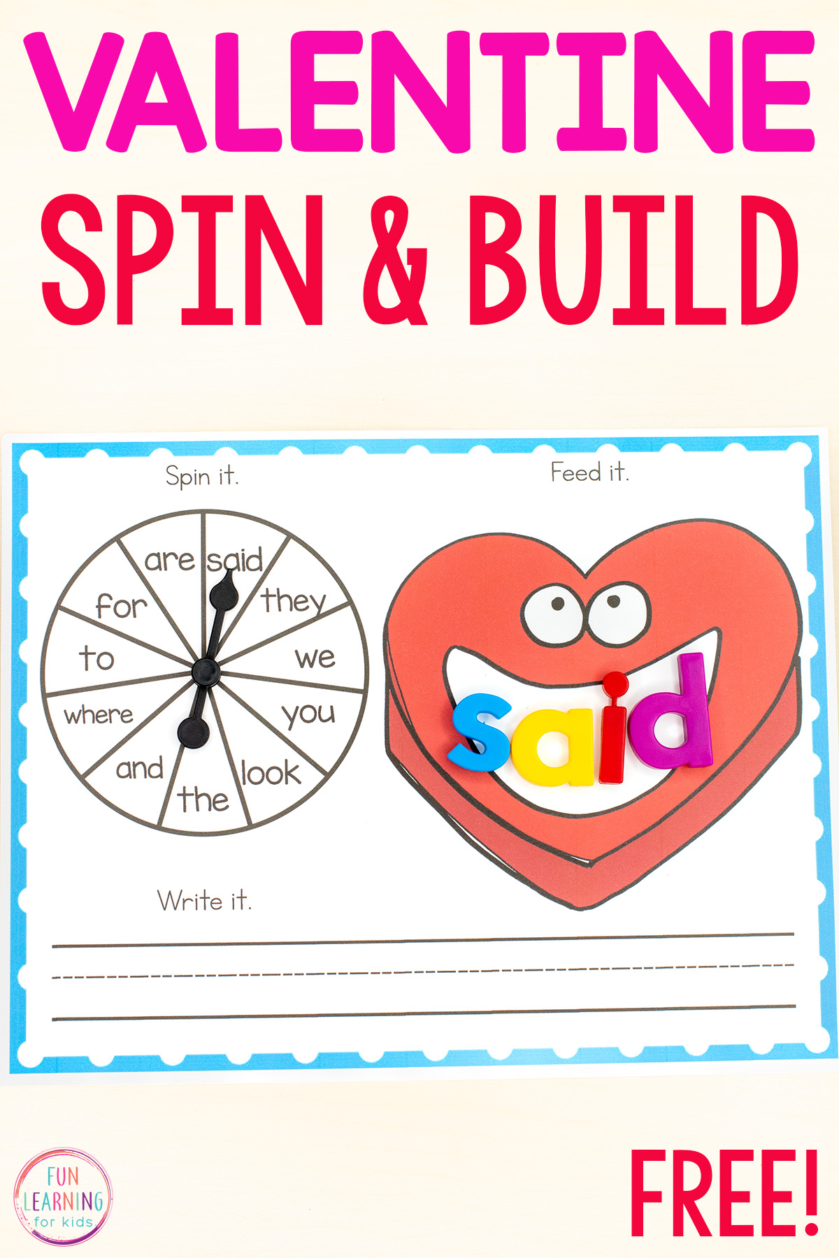 Editable valentines day spin and build word work mats