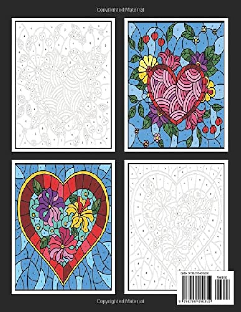 Valentines day stained glass color by number for adult adult coloring book for valentines day hearts roses bows mixing with beautiful design special