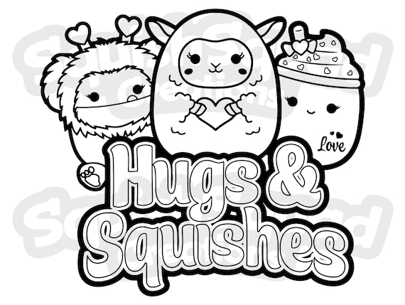 Squishmallow hugs squishes cute valentines day coloring page printable coloring page downloadable coloring sheet coloring page for kids