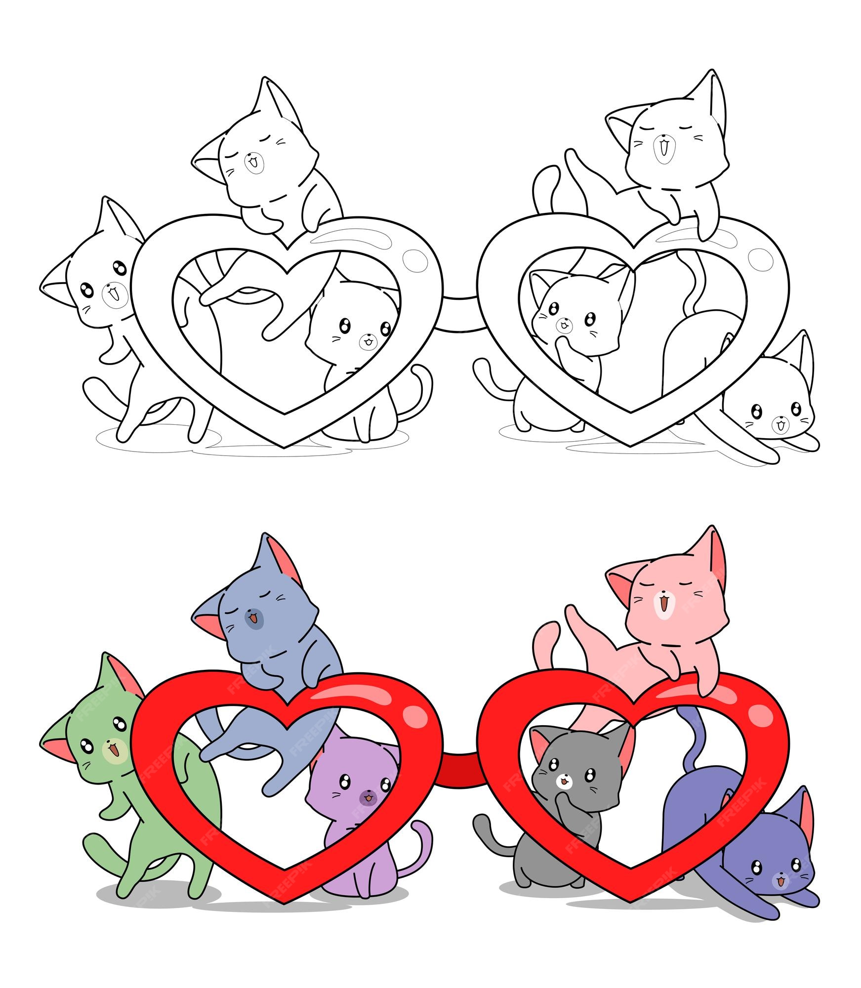 Premium vector cute cats and big heart shaped glasses coloring page for kids