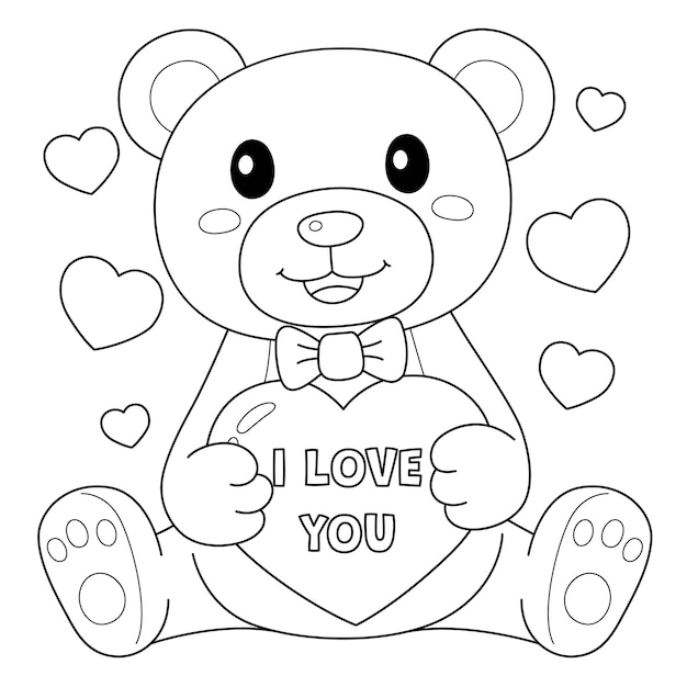 Premium vector valentines day teddy bear coloring page for kids