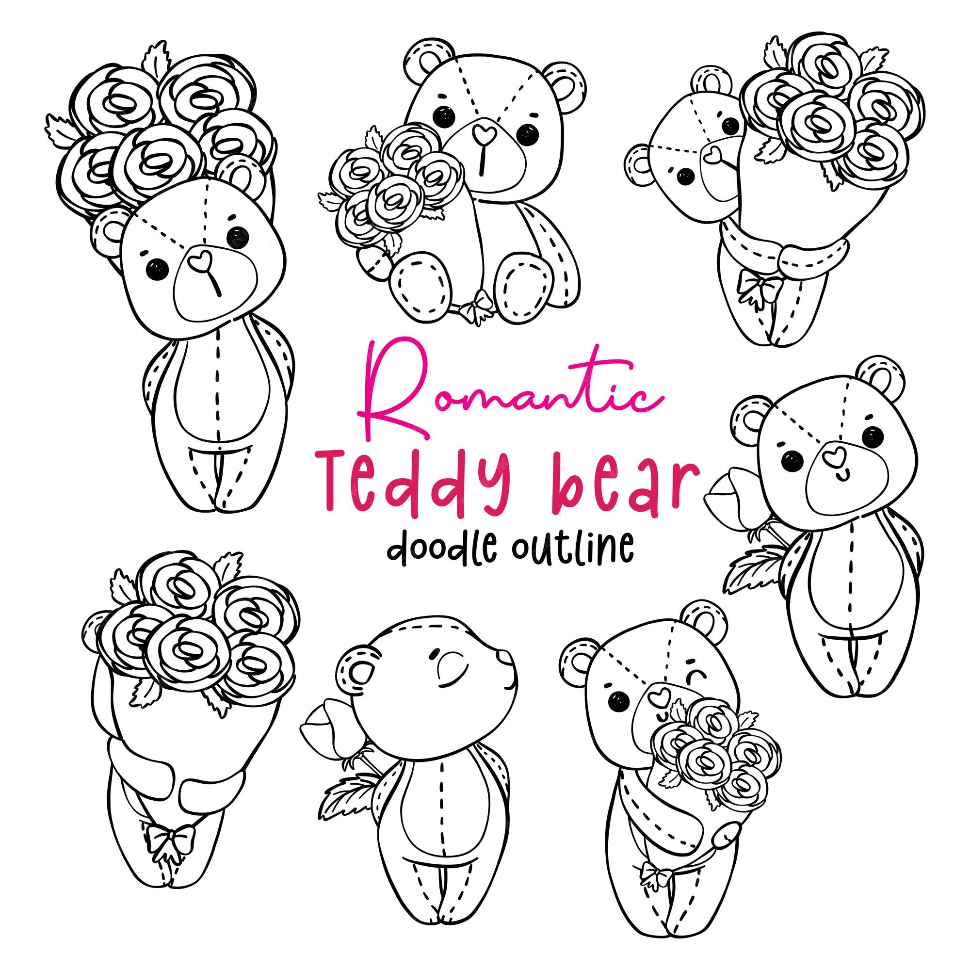 Premium vector cute romantic valentine teddy bear with bouquet roses doodle hand drawing cartoon character outline for coloring page isolated on white background