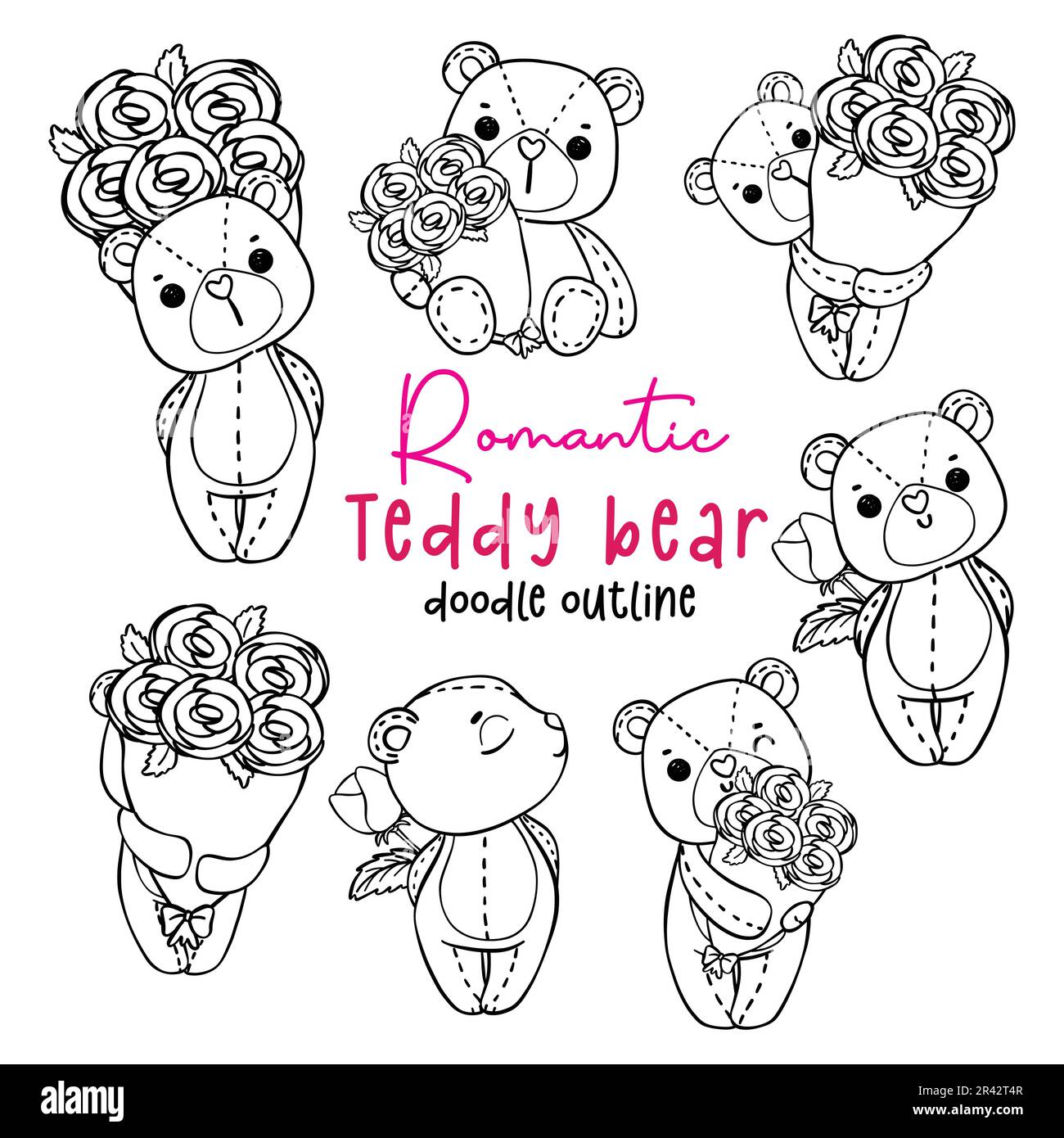 Cute romantic valentine teddy bear with bouquet roses doodle hand drawing cartoon character outline for coloring page isolated on white background stock vector image art