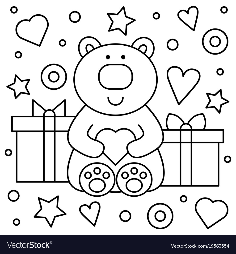 Teddy bear and gifts coloring page royalty free vector image