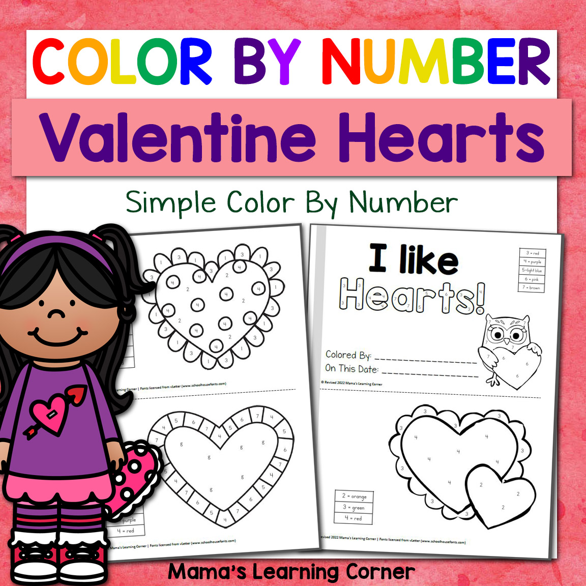 Valentines day color by number worksheets