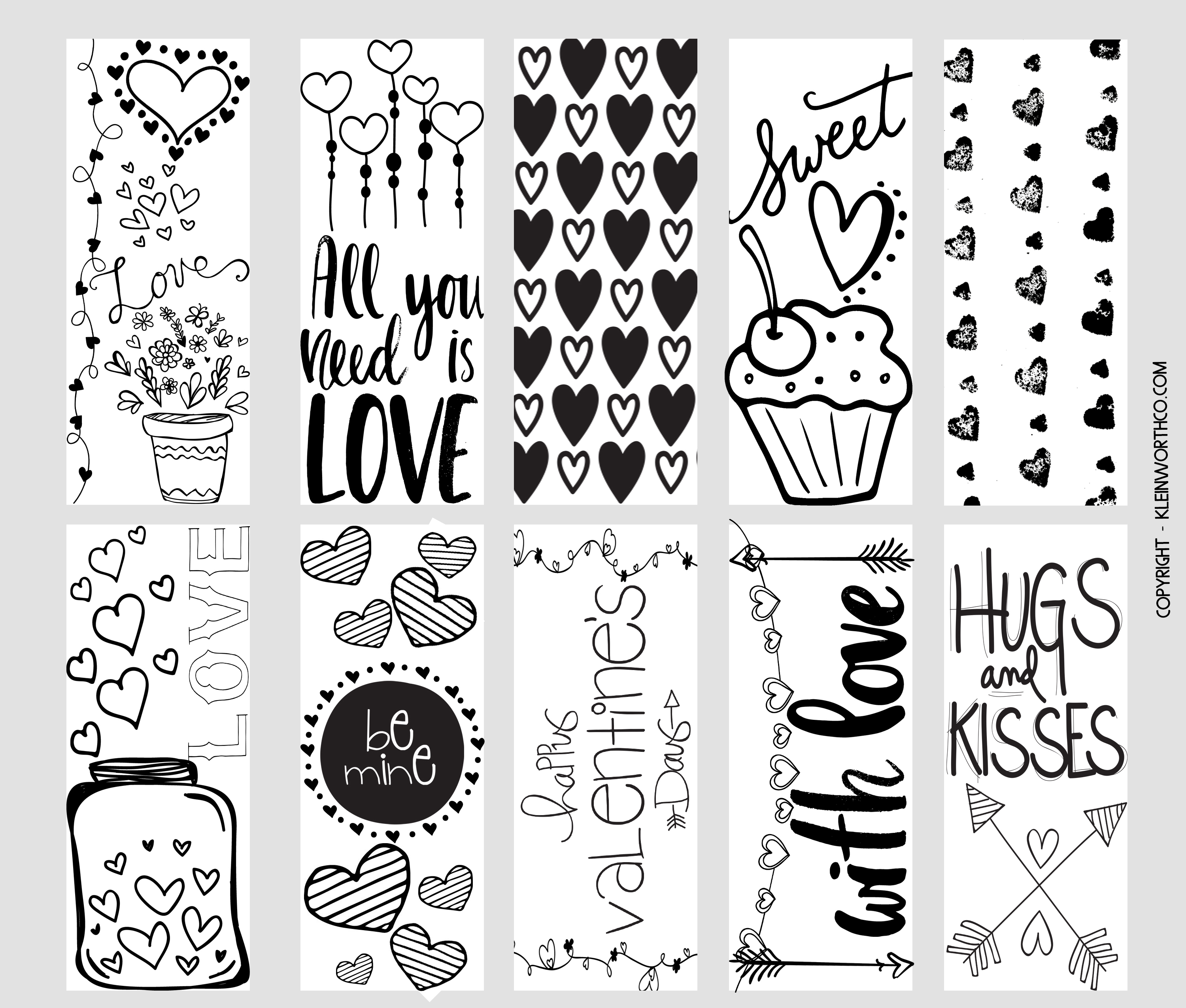 Valentine printable coloring page bookmarks