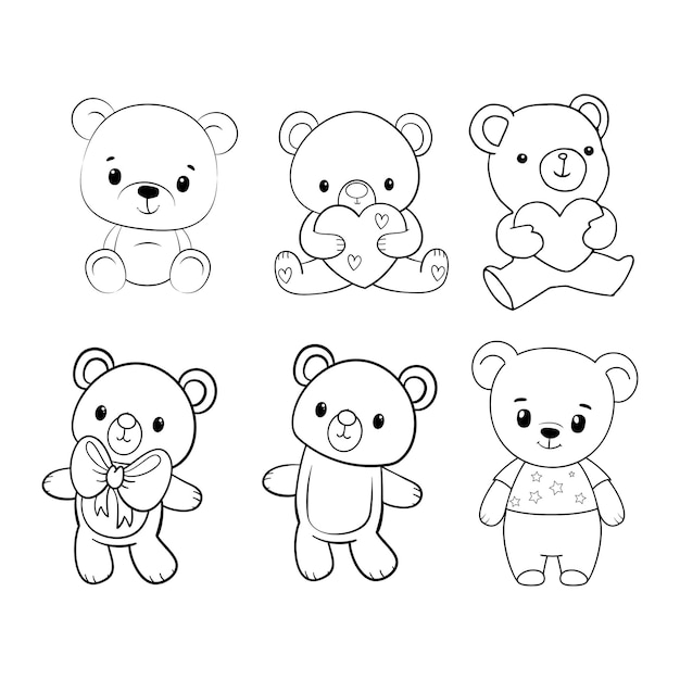 Premium vector set of hand drawn teddy bear for coloring book