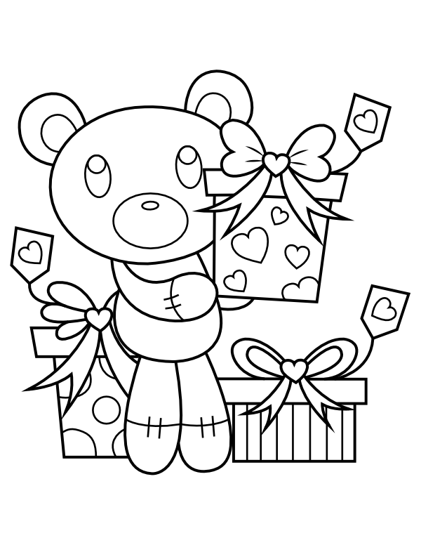 Printable teddy bear with valentines day gifts coloring page