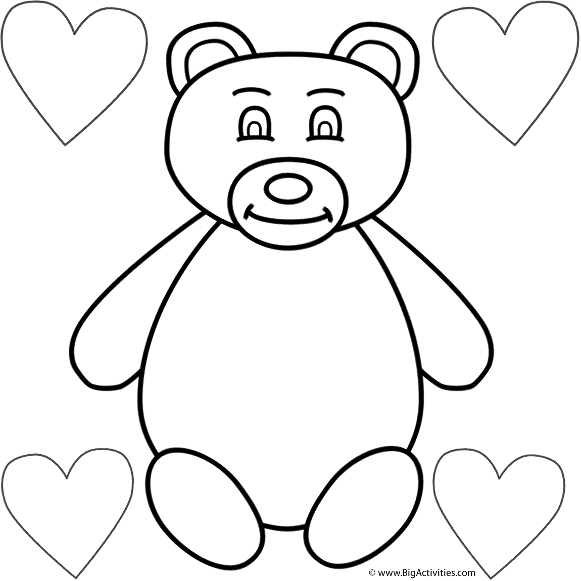 Teddy bear and four hearts