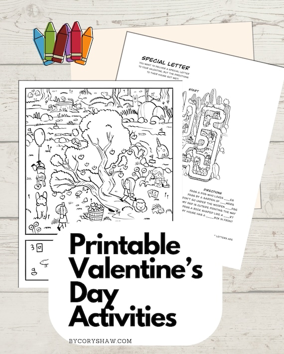 Valentines day activities printable coloring page search and find game maze game secret word