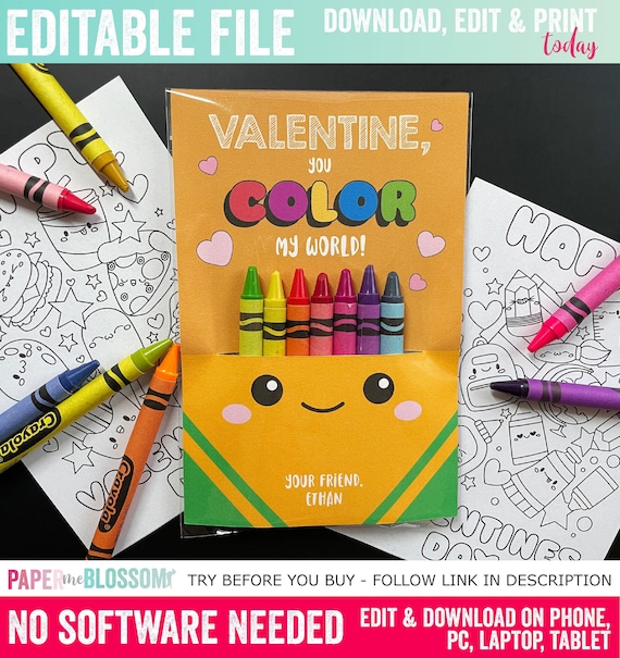 Editable valentines you color my world valentines day kids gift tag crayon box coloring page included exchange non food valentines gift