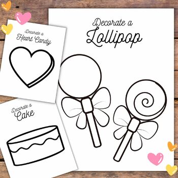 Valentines day coloring decorate a chocolate box card candy heart lollipop