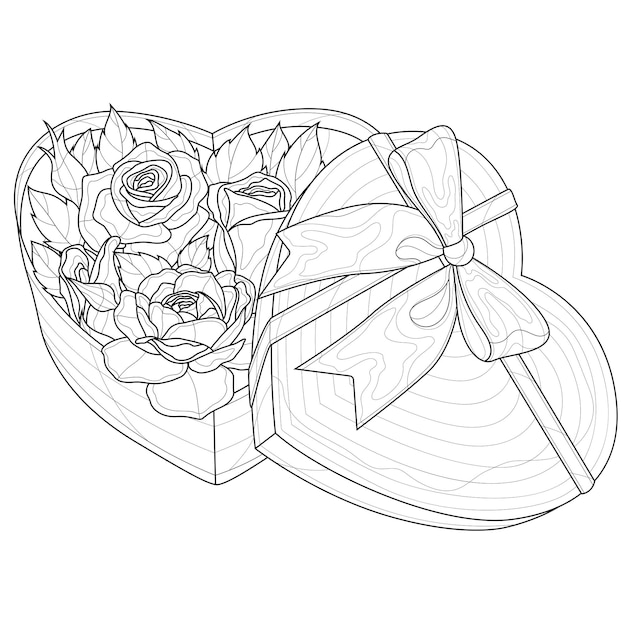 Premium vector heart shaped box with roses valentines daycoloring book antistress for children and adults zen