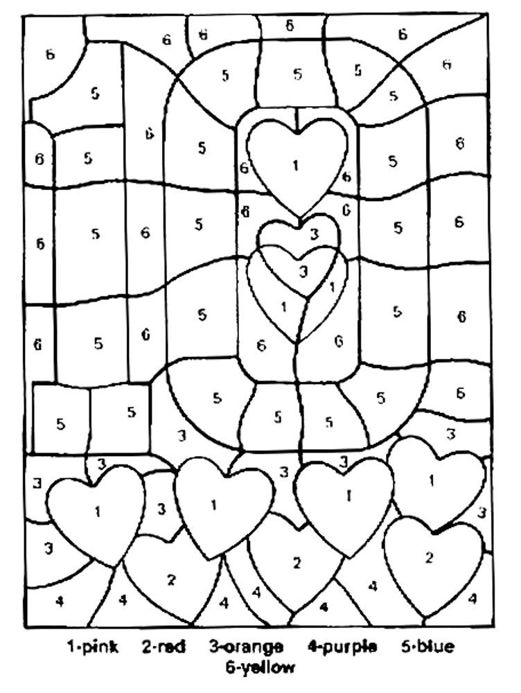 Valentine color by number coloring pages