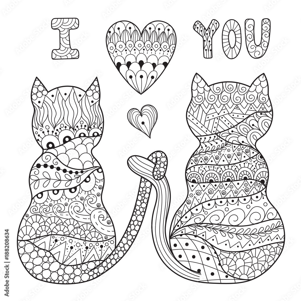 Coloring page with two romantic cats valentine black and white pattern vector illustration vector