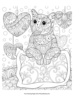 Cat with hanging hearts coloring page â free printable pdf from