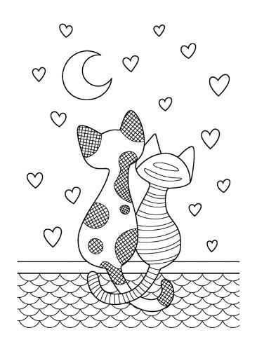 Vector doodle coloring book page cats sitting on the roof and look at the moon on hearts background poster allposters valentine coloring pages valentines day coloring page love coloring pages