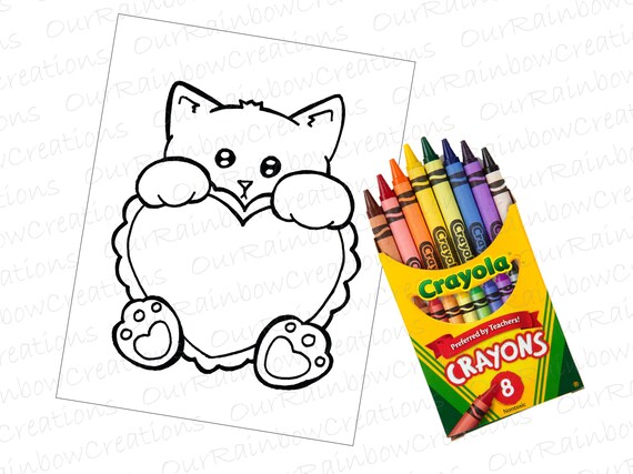 Catkitten with heart valentine valentines day coloring page instant download printable