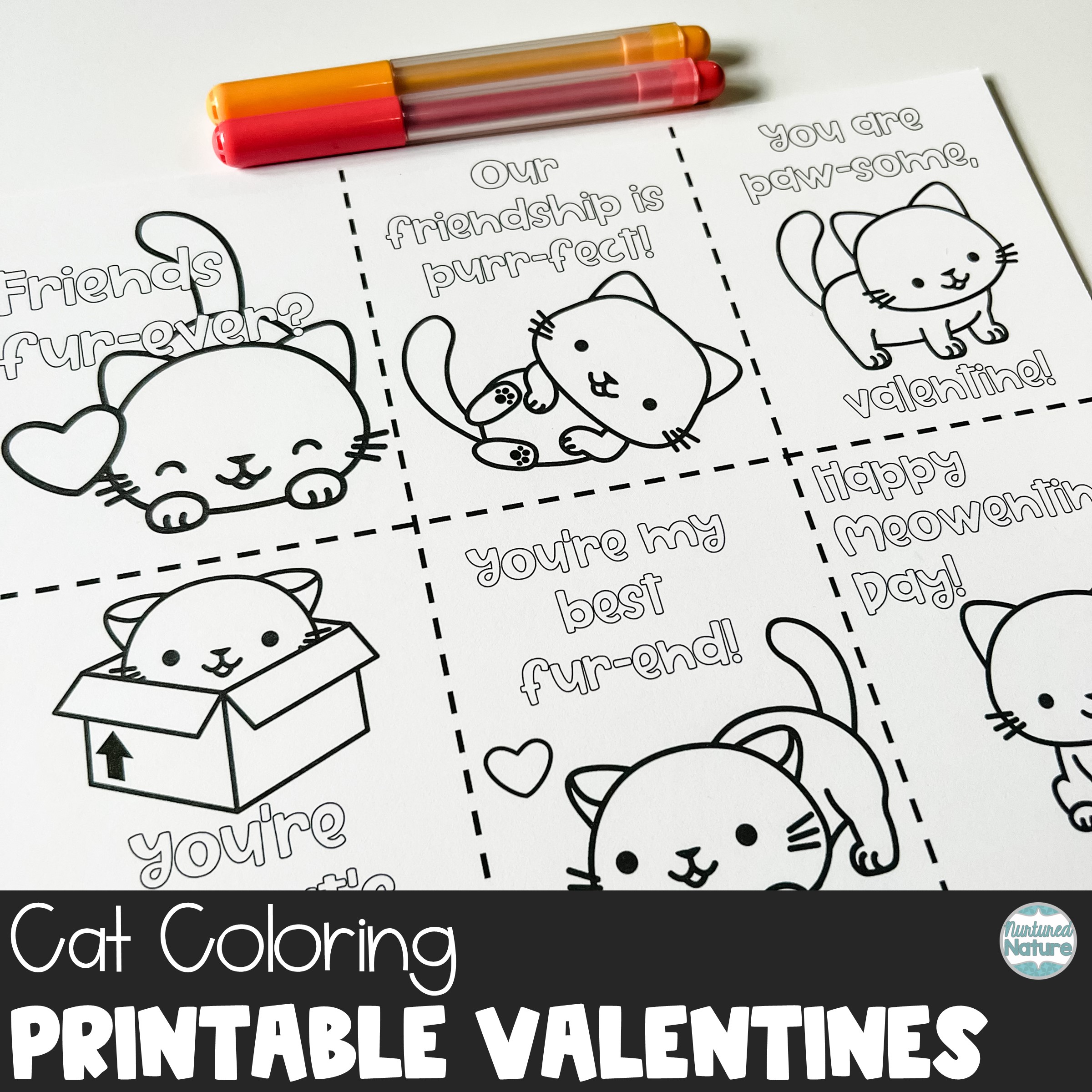 Cat coloring valentines day cards for students made by teachers