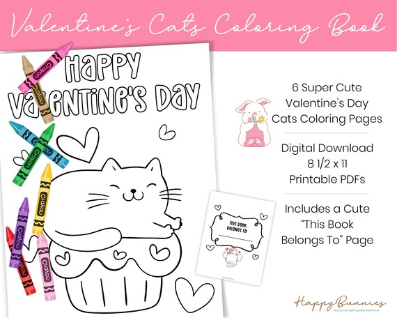 Valentines day cat coloring pages set of printable valentines day coloring pages valentines cat coloring pages instant download