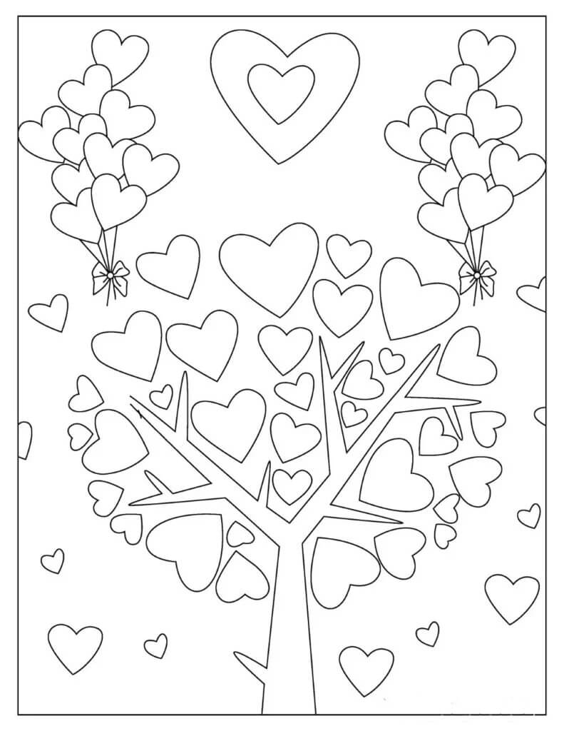 Tree hearts in valentine coloring page