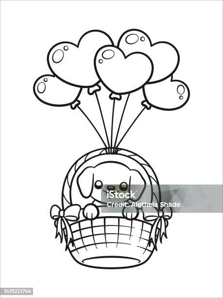 Puppy on floating basket with heart balloons valentines day coloring book page activity for kids stock illustration